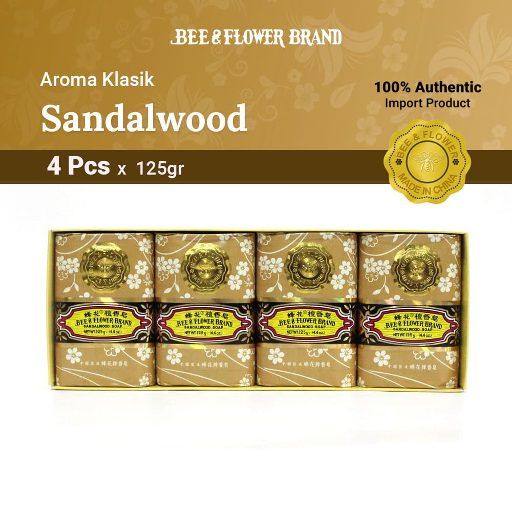BEE & FLOWER BAR SOAP SANDALWOOD 125 Gr (4 Pcs) - Sabun Tawon Batang Aroma Cendana Original