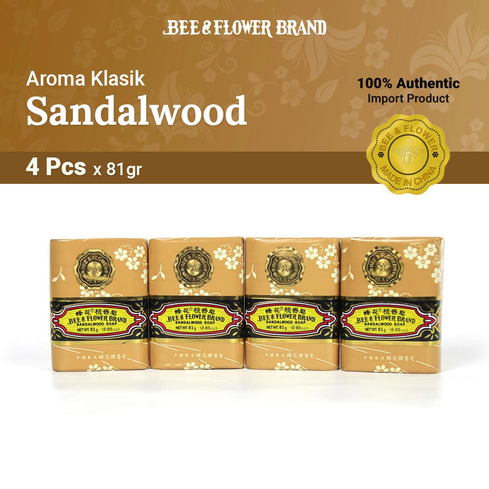 BEE & FLOWER BAR SOAP SANDALWOOD 81 Gr (4 Pcs) - Sabun Tawon Batang Aroma Cendana Original