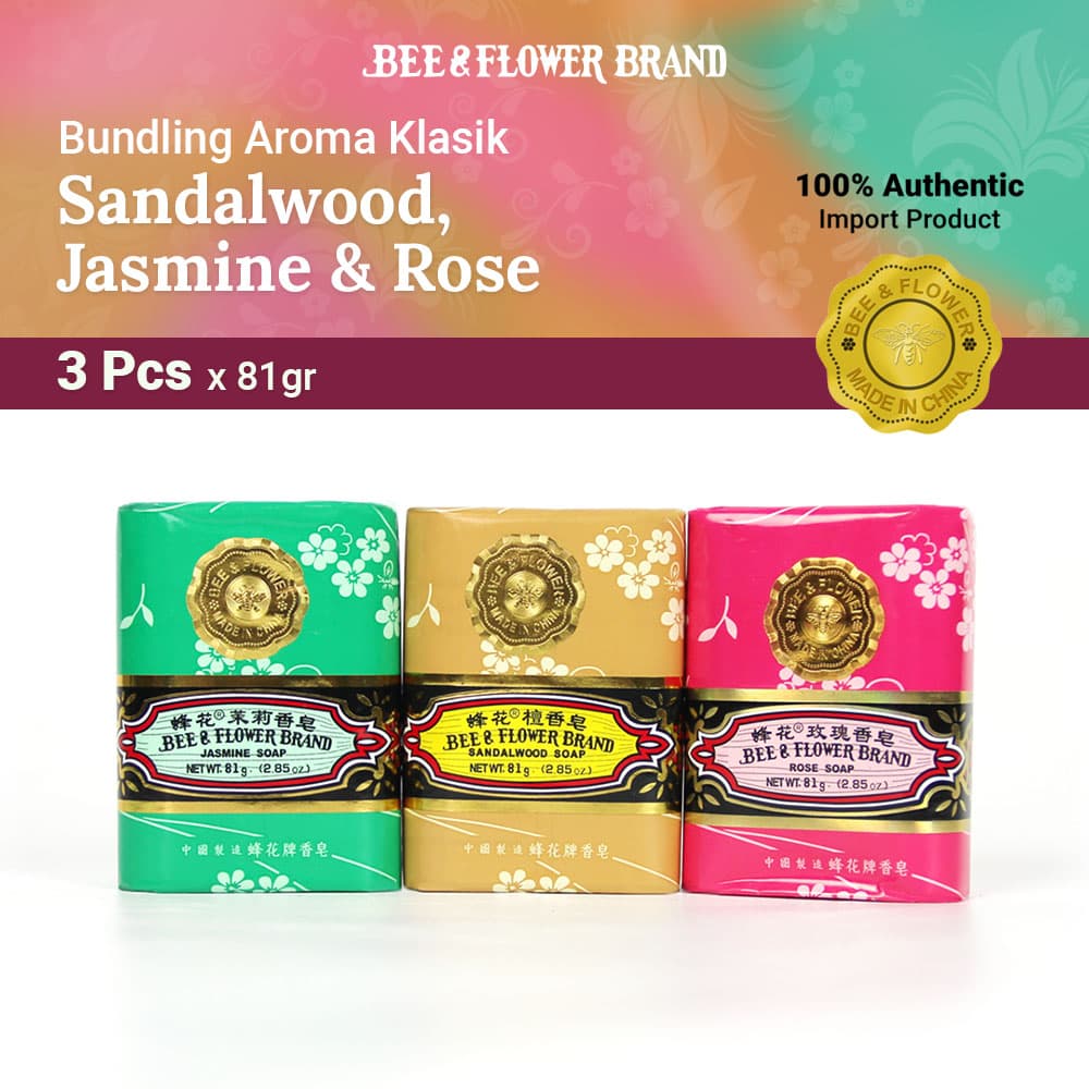 BEE & FLOWER BAR SOAP ALL VAR - SANDALWOOD, ROSE, JASMINE 81 Gr (3 Pcs) - Sabun Tawon Batang Aroma Classic Original