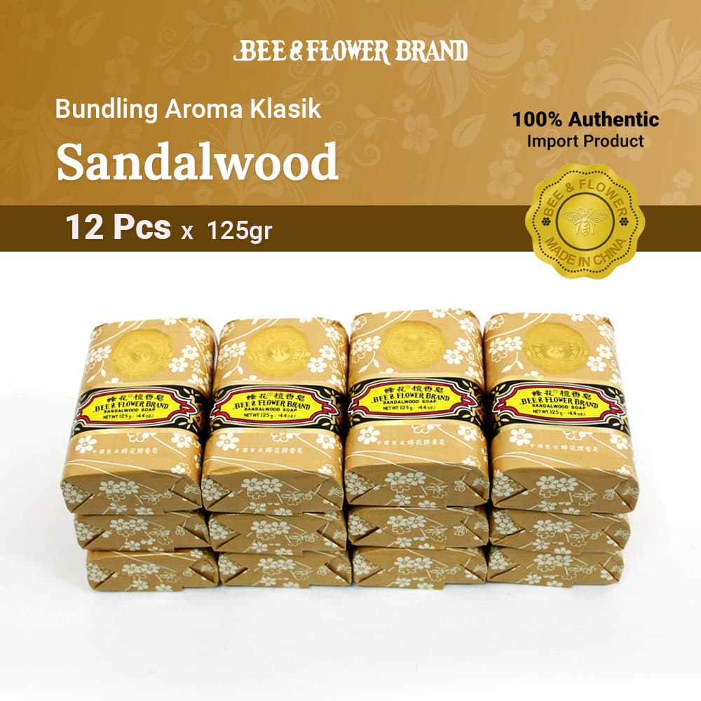 BEE & FLOWER BAR SOAP SANDALWOOD 125 Gr (12 Pcs) - Sabun Tawon Batang Aroma Cendana Original