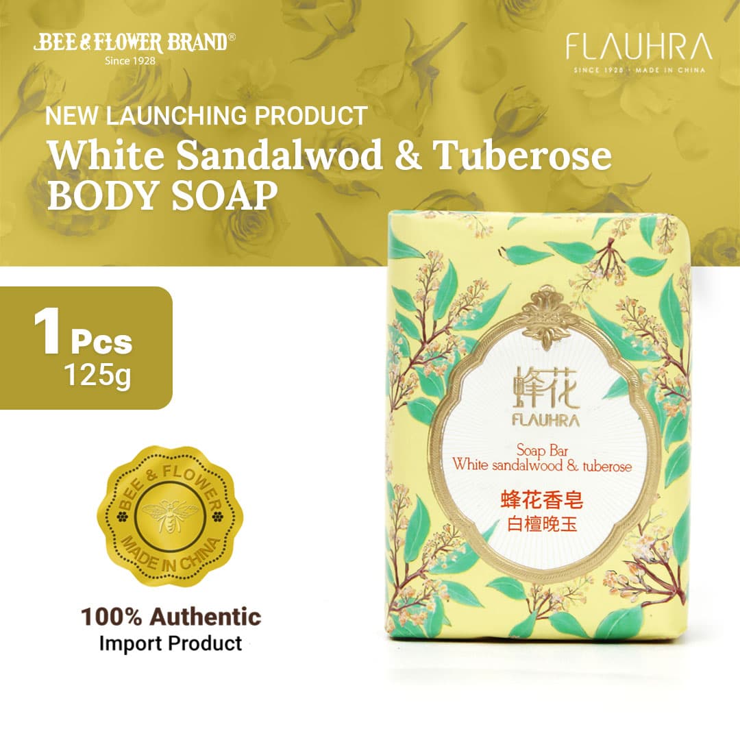 FLAUHRA BAR SOAP WHITE SANDALWOOD & TUBEROSE 125 Gr - Floral Edt (1 Pcs) Sabun Batang Premium Aroma Bunga lembut Original