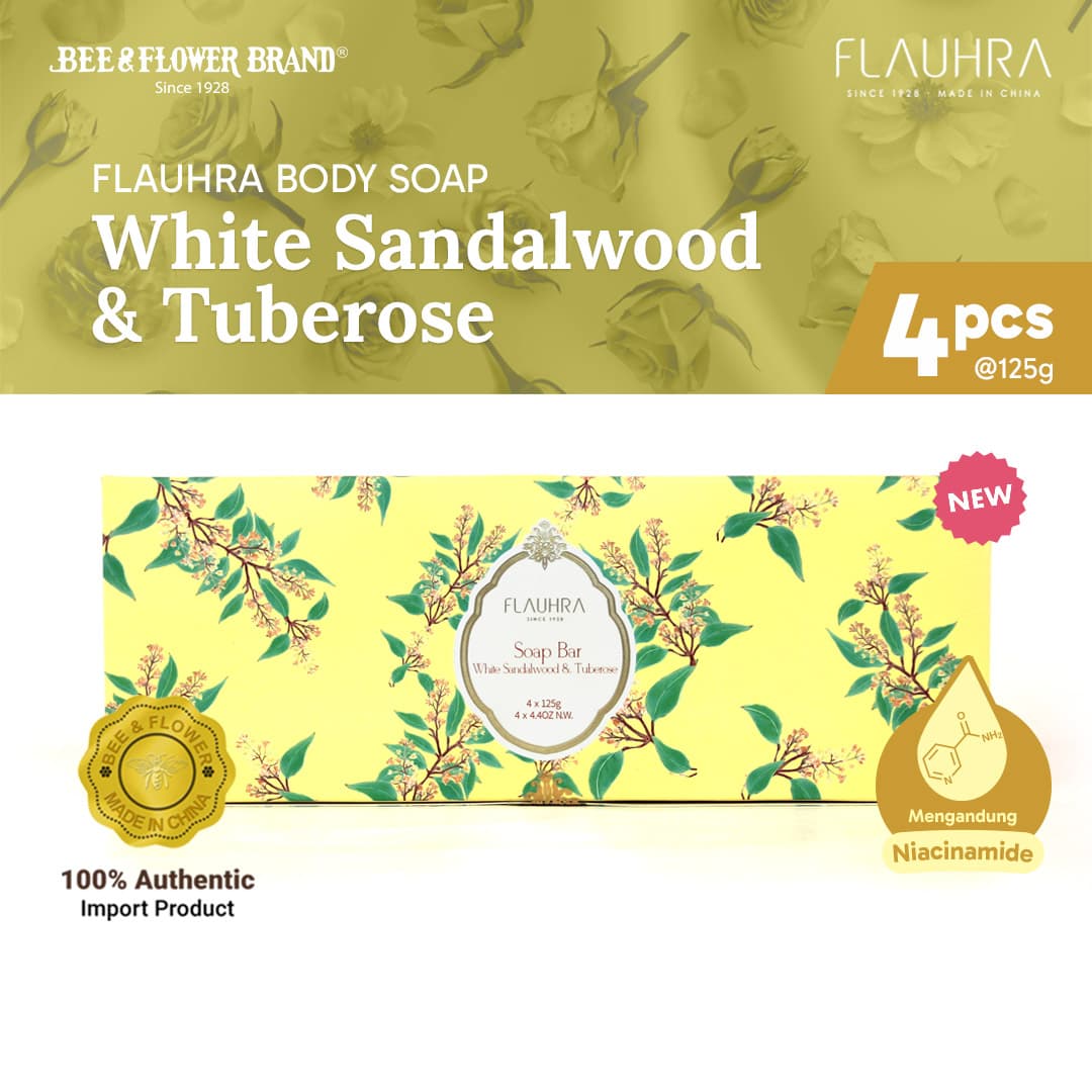 FLAUHRA BAR SOAP WHITE SANDALWOOD & TUBEROSE 125 Gr - Floral Edt (4 Pcs) Sabun Batang Premium Aroma Bunga lembut Original