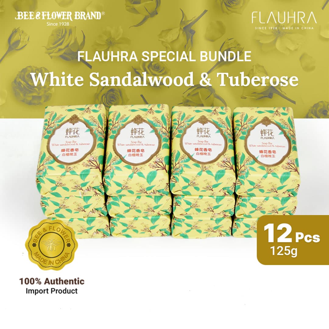FLAUHRA BAR SOAP WHITE SANDALWOOD & TUBEROSE 125 Gr - Floral Edt (12 Pcs) Sabun Batang Premium Aroma Bunga lembut Original