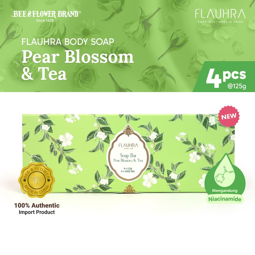 FLAUHRA BAR SOAP PEAR BLOSSOM & TEA 125 Gr - Floral Edt (4 Pcs) Sabun Batang Premium Aroma Bunga lembut Original