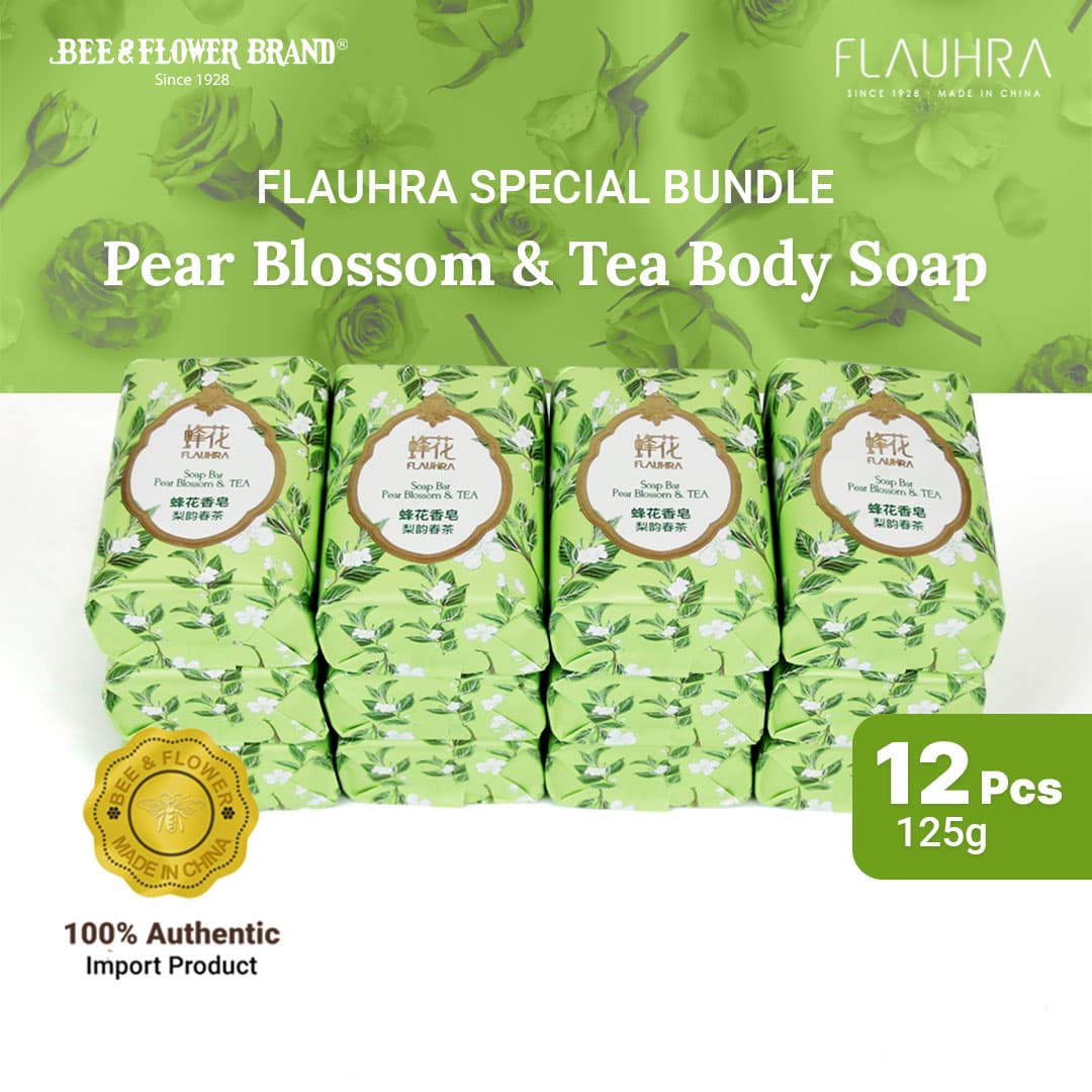 FLAUHRA BAR SOAP PEAR BLOSSOM & TEA 125 Gr - Floral Edt (12 Pcs) Sabun Batang Premium Aroma Bunga lembut Original