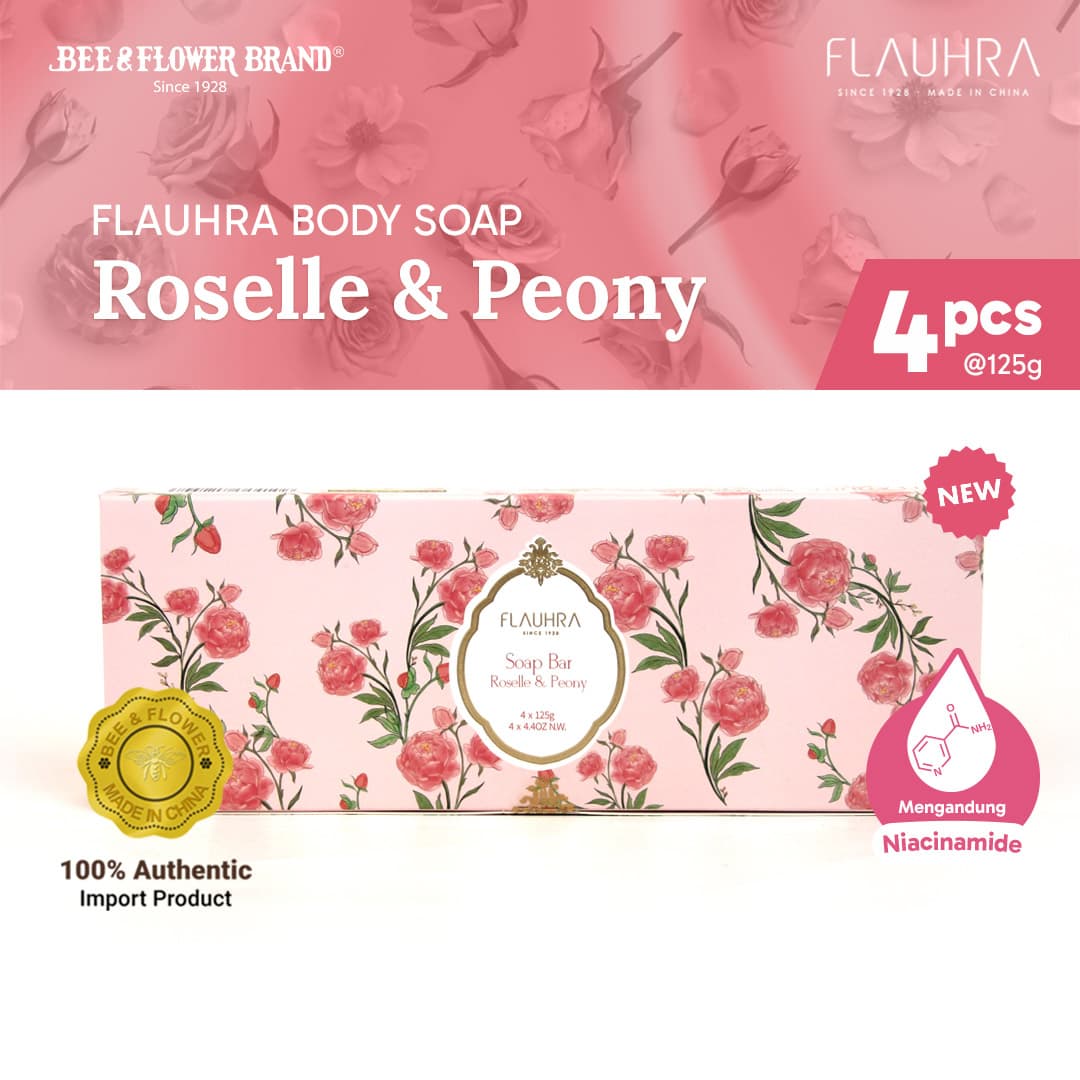 FLAUHRA BAR SOAP ROSELLE & PEONY 125 Gr - Floral Edt (4 Pcs) Sabun Batang Premium Aroma Bunga lembut Original