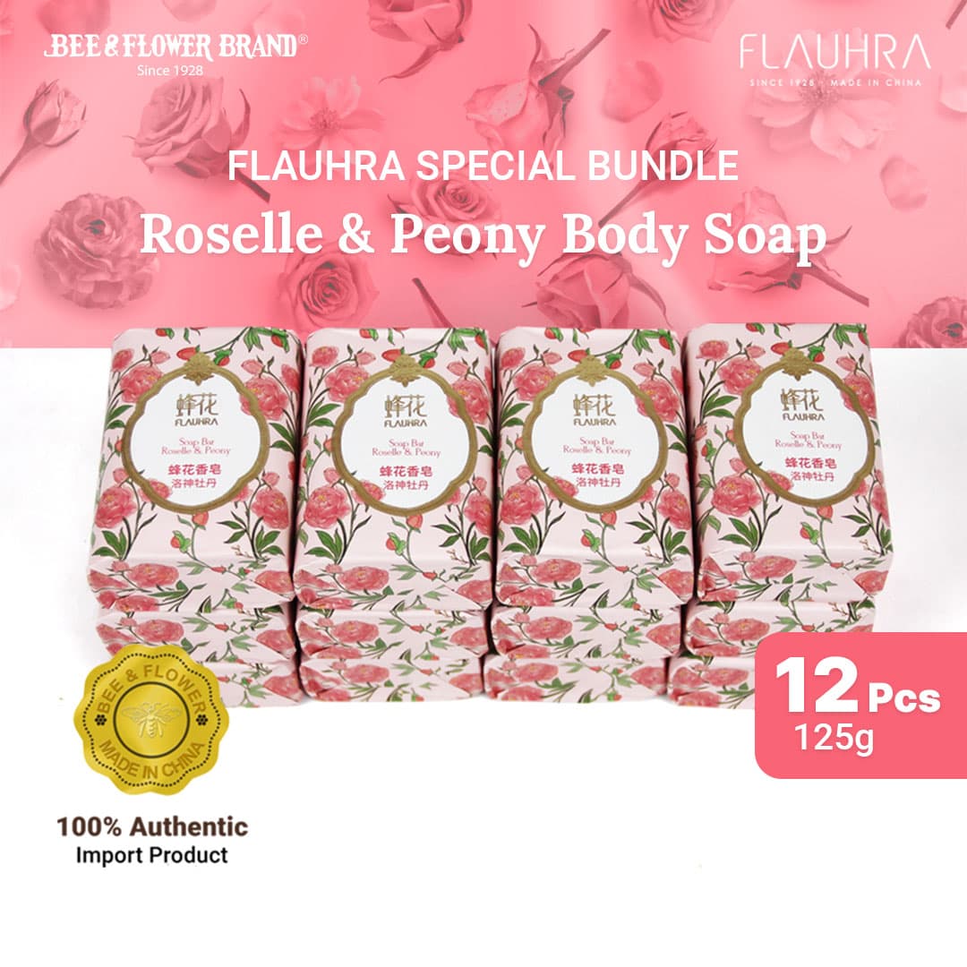 FLAUHRA BAR SOAP ROSELLE & PEONY 125 Gr - Floral Edt (12 Pcs) Sabun Batang Premium Aroma Bunga lembut Original