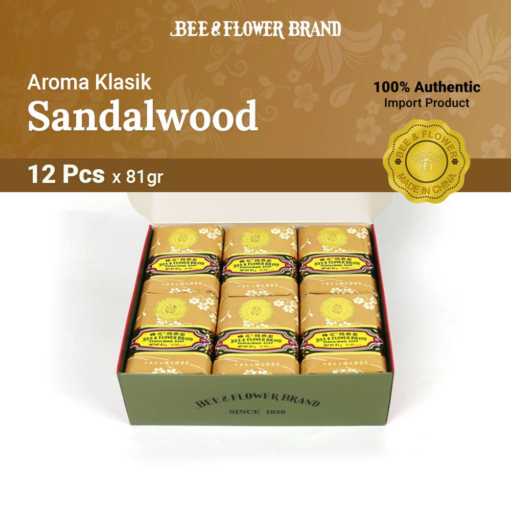 BEE & FLOWER BAR SOAP SANDALWOOD 81 Gr (12 Pcs) - Sabun Tawon Batang Aroma Cendana Original