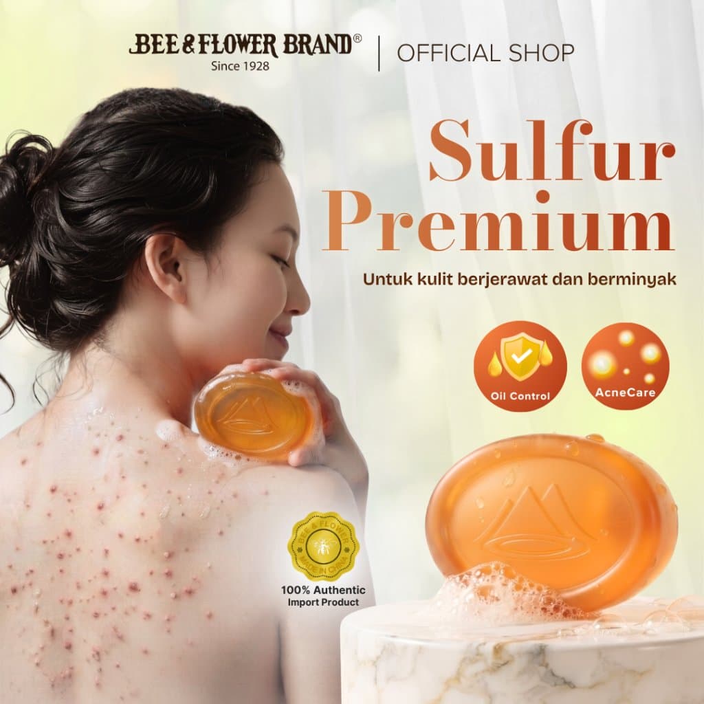 Bee & Flower - Sabun Sulfur Premium 100gr - Sabun Jerawat Punggung dan Kulit Berminyak - Sabun Mandi Batang Penghilang Jerawat