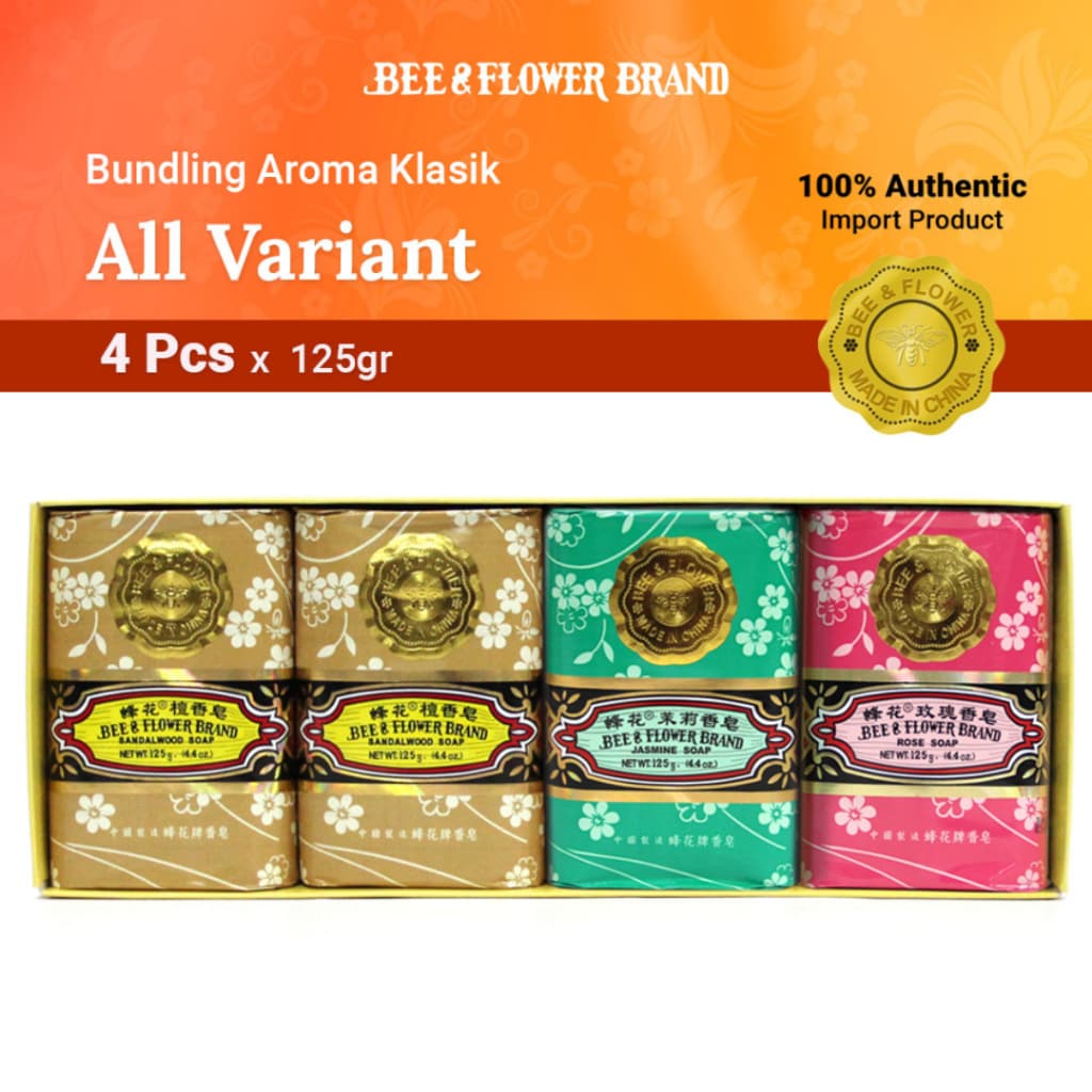 BEE & FLOWER BAR SOAP ALL VAR - SANDALWOOD, ROSE, JASMINE 125 Gr (4 Pcs) - Sabun Tawon Batang Aroma Classic Original
